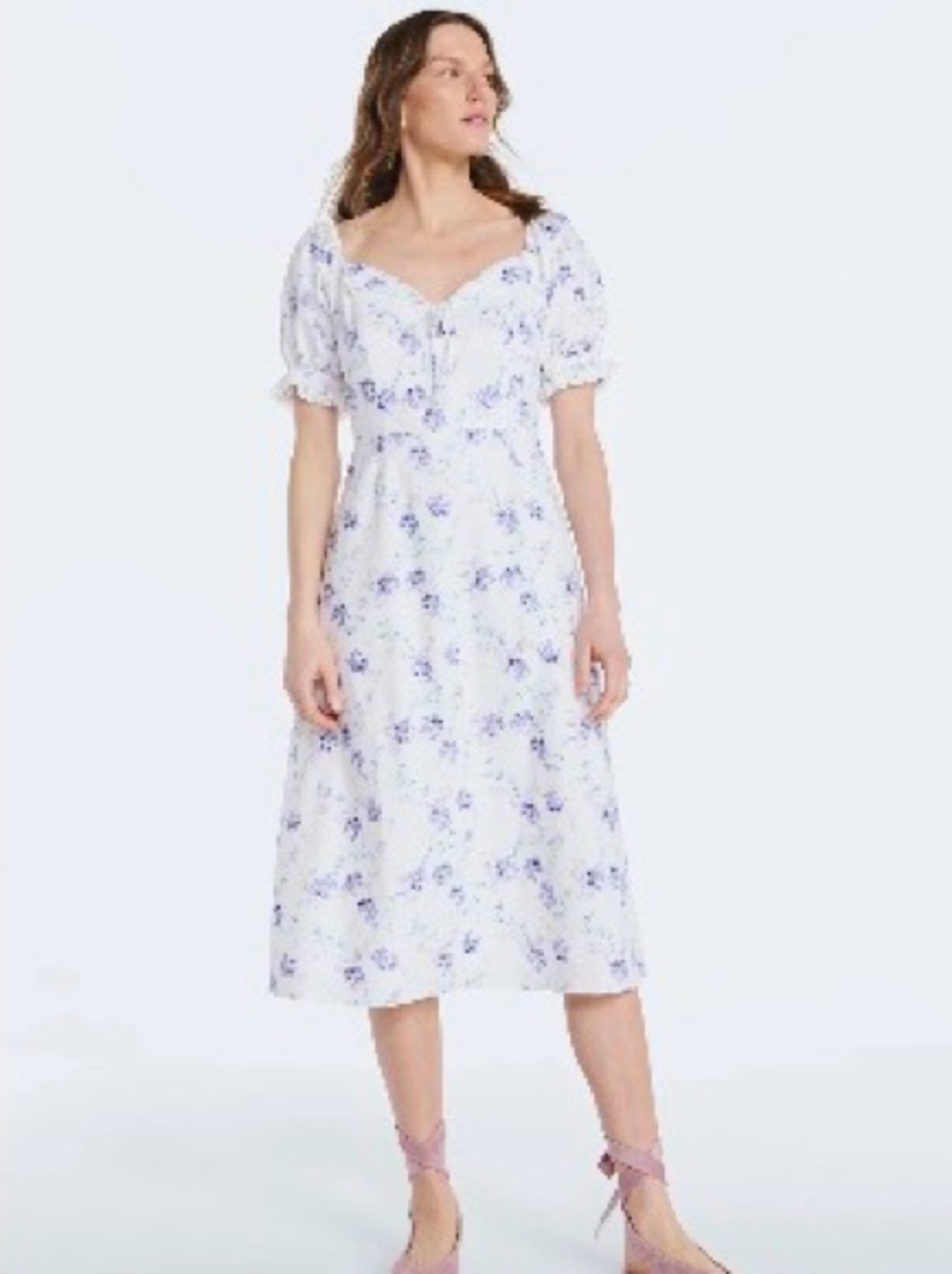 Cotton Linen Blend Sweetheart Neck Puff-Sleeve Midi Dress White w/Purple Floral